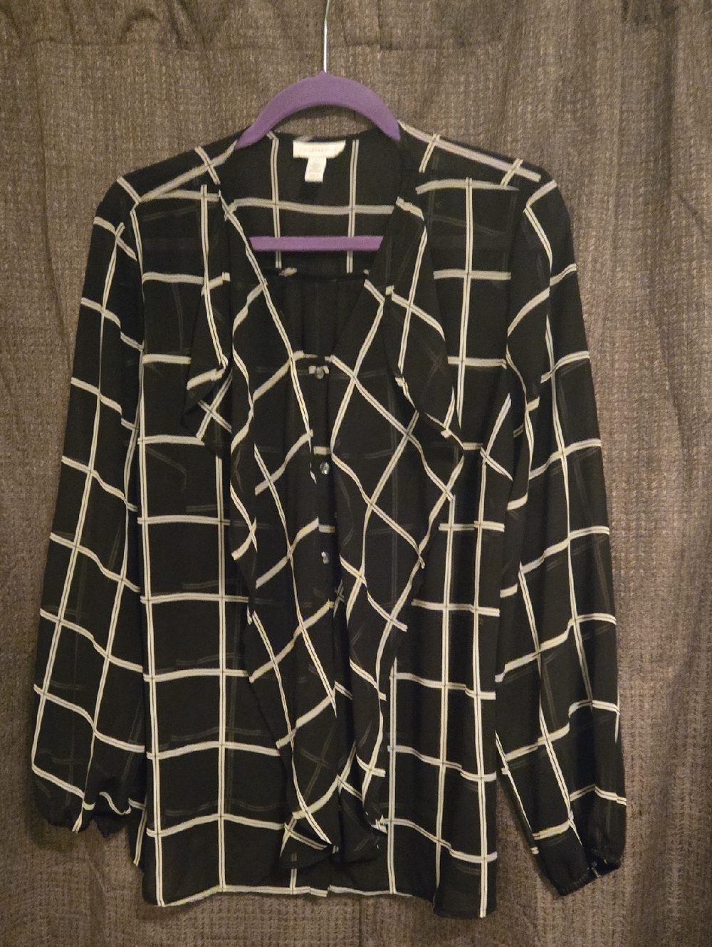 Charter Club Black/white Windowpane Ruffle Front Blouse